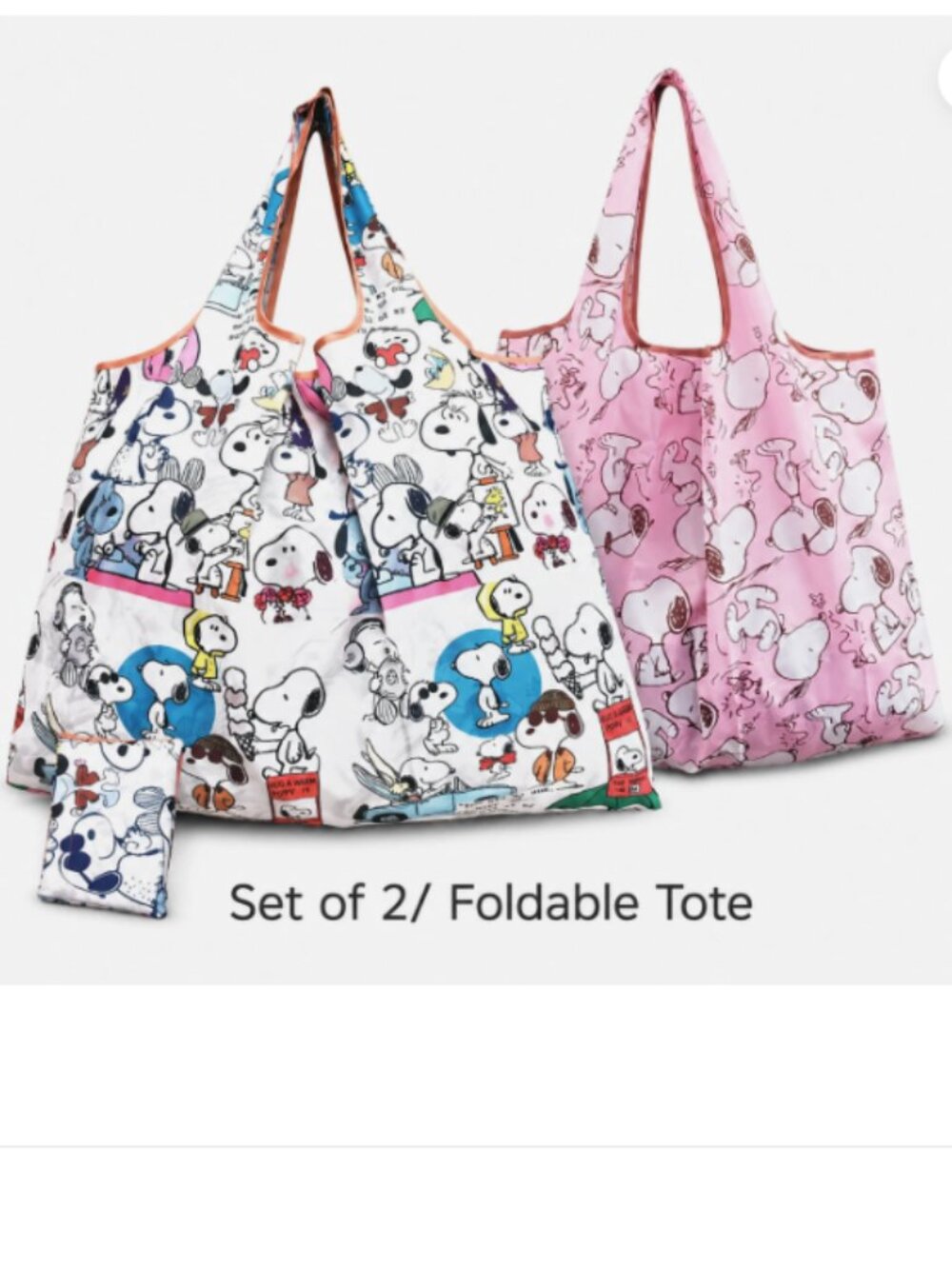 （Set of 2) Snoopys Dog Tote Light Pink White 2-Way LARGE Market Foldable Bag